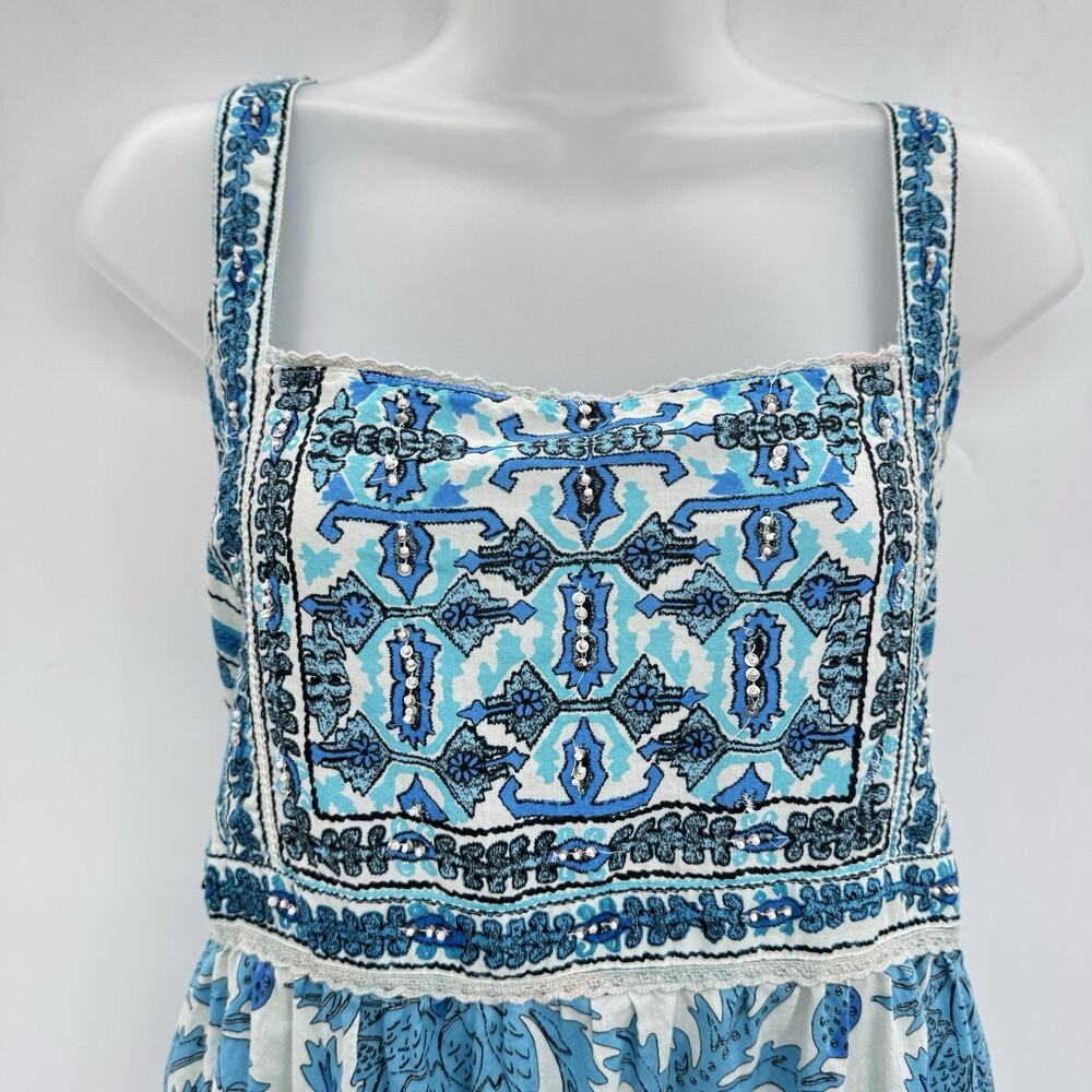 Joie Boho Tiered Tie Back Maxi Dress Sz 6 Blue Beaded Festival Coquette Peasant - Picture 3 of 14
